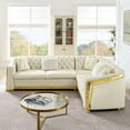 thumbnail image 5 of 106 Inches L-Shaped Chesterfield Sectional Sofa Set with Gold Stainless Steel Accents, Velvet Button Tufted Sofa with 5 Pillows Luxury Couch for Living Room (Beige), 5 of 11