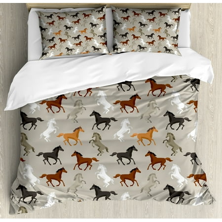 Equestrian Bedding - Horses Duvet Cover Set, Abstract Stallions Simple Design Equestrian Animals Galloping Curvet Illustration, Decorative Bedding Set with Pillow Shams, Multicolor, by Ambesonne