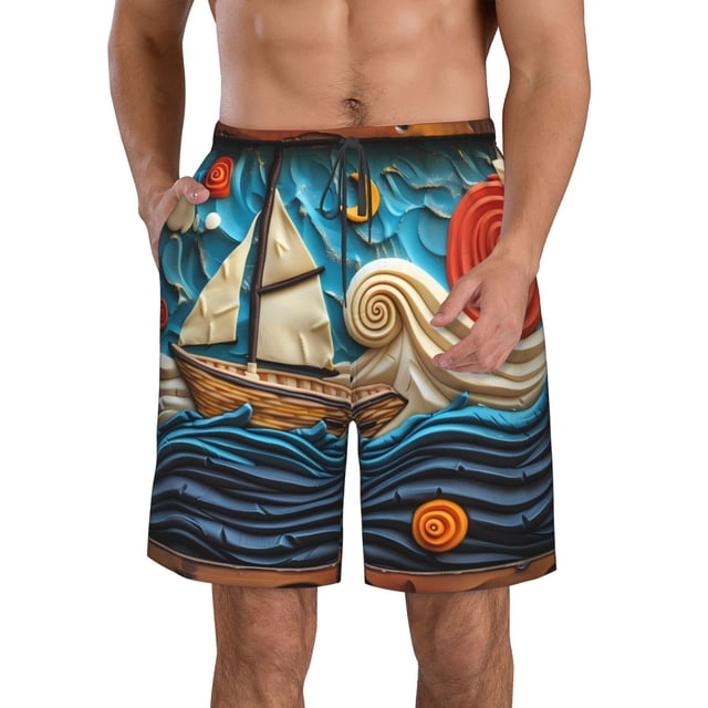 Balery Whimsical Sailboat Ocean Art Traje de Baño Estilo Hawaiano para Hombre, Shorts de Secado Rápido con Bolsillos-Small