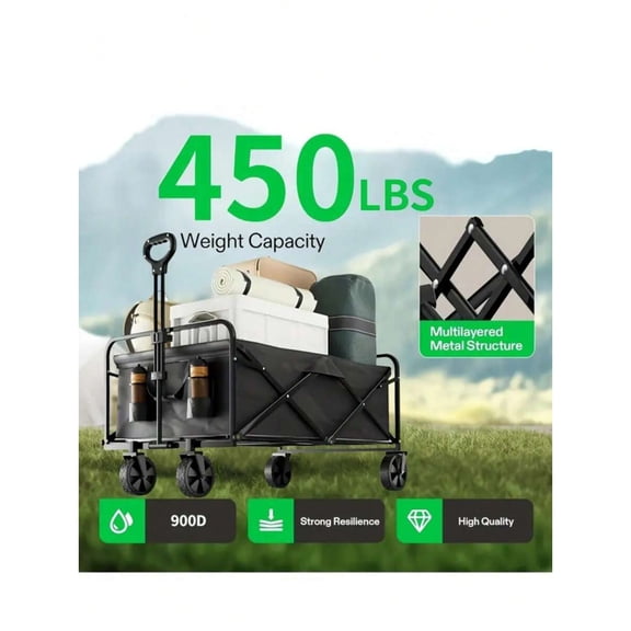 YFLXDMLYYSC 1pc 450LB Capacity Metal Frame ,Heavy Duty Collapsible Foldable Utility Wagon Cart With All-Terrain Wheels,  RV Storage, Camping, Sports - Black