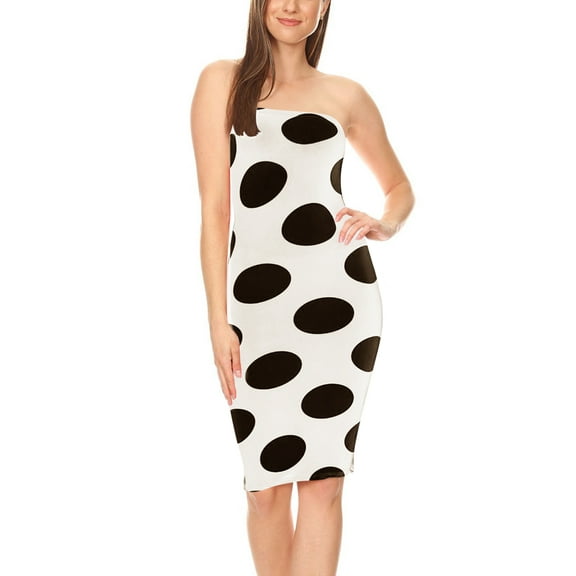 Women's Sexy Strapless Slim Fit Polka Dot Pattern Tube Top Bodycon Mini Midi Dress