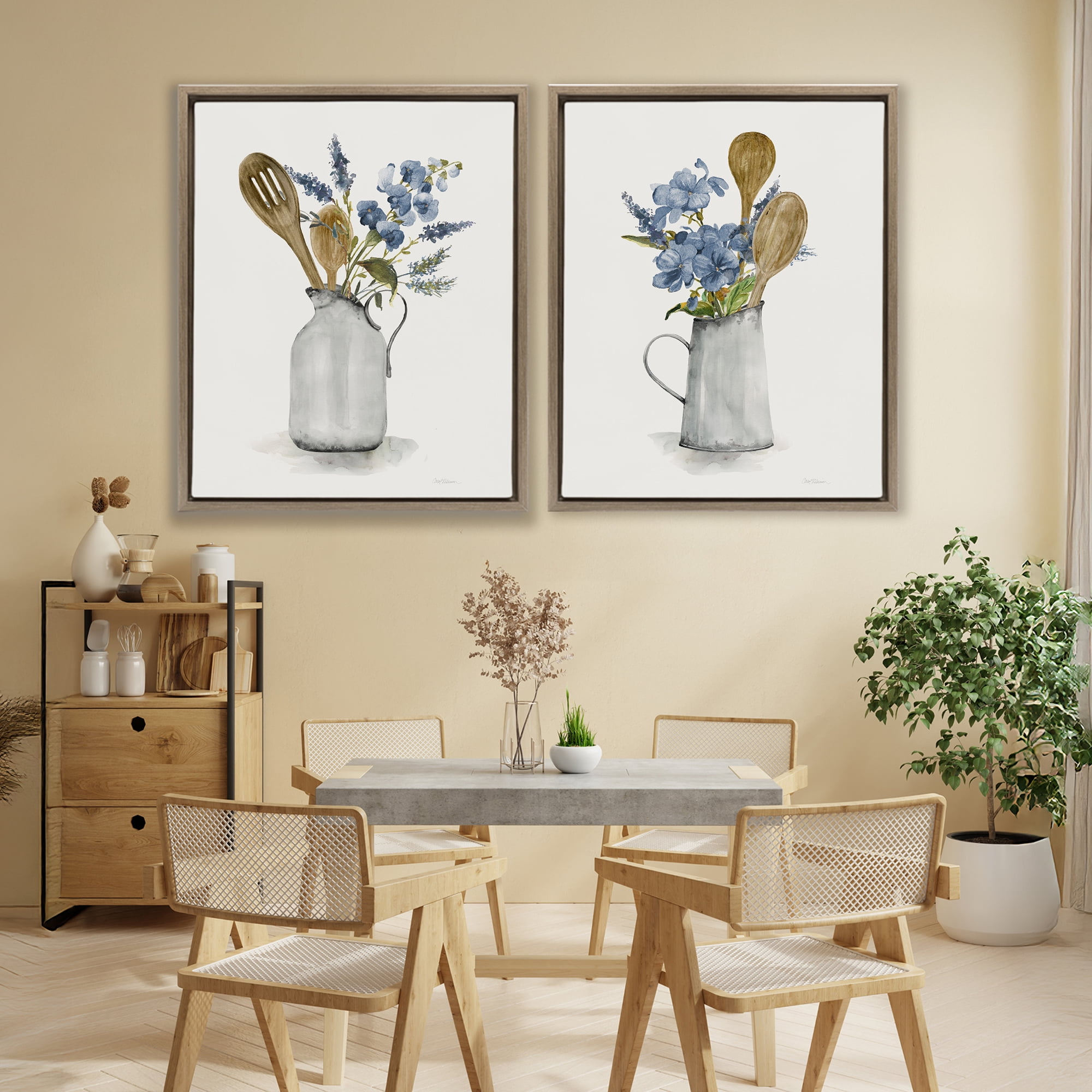 Stupell Industries Kitchen Pitcher Bouquets 2 Piece Brown Framed Floater Canvas Set, design by Carol Robinson