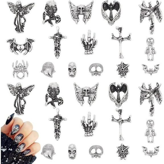 64 Pcs Halloween Nail Charms 16 Styles Alloy Halloween Nail Art Charms Antique Silver Cross Spider Skull Bat Ghost Nail Charm Nail Jewelry for Halloween DIY Nail Art Decoration