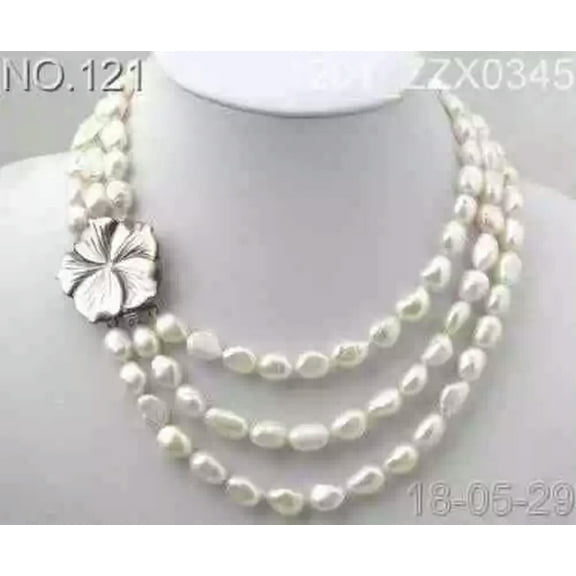 K-KED 3 rows FLOWER CLASP 8-9mm White freshwater Cultured Pearl necklace