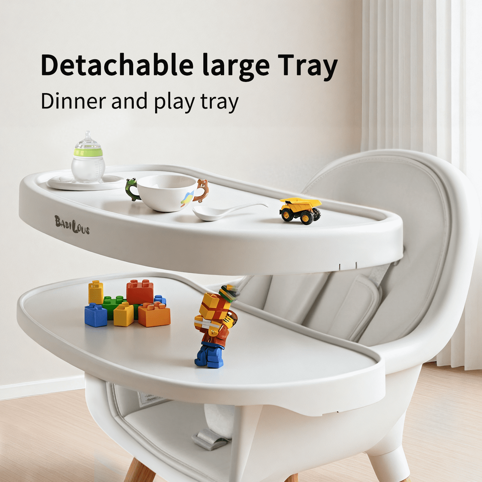 Babilous Baby High Chair, Wooden Highchair with Removable Tray, Adjustable Legs, Cushion, 5-Point Harness and Footrest for Infants, Baby, Toddlers, Gray