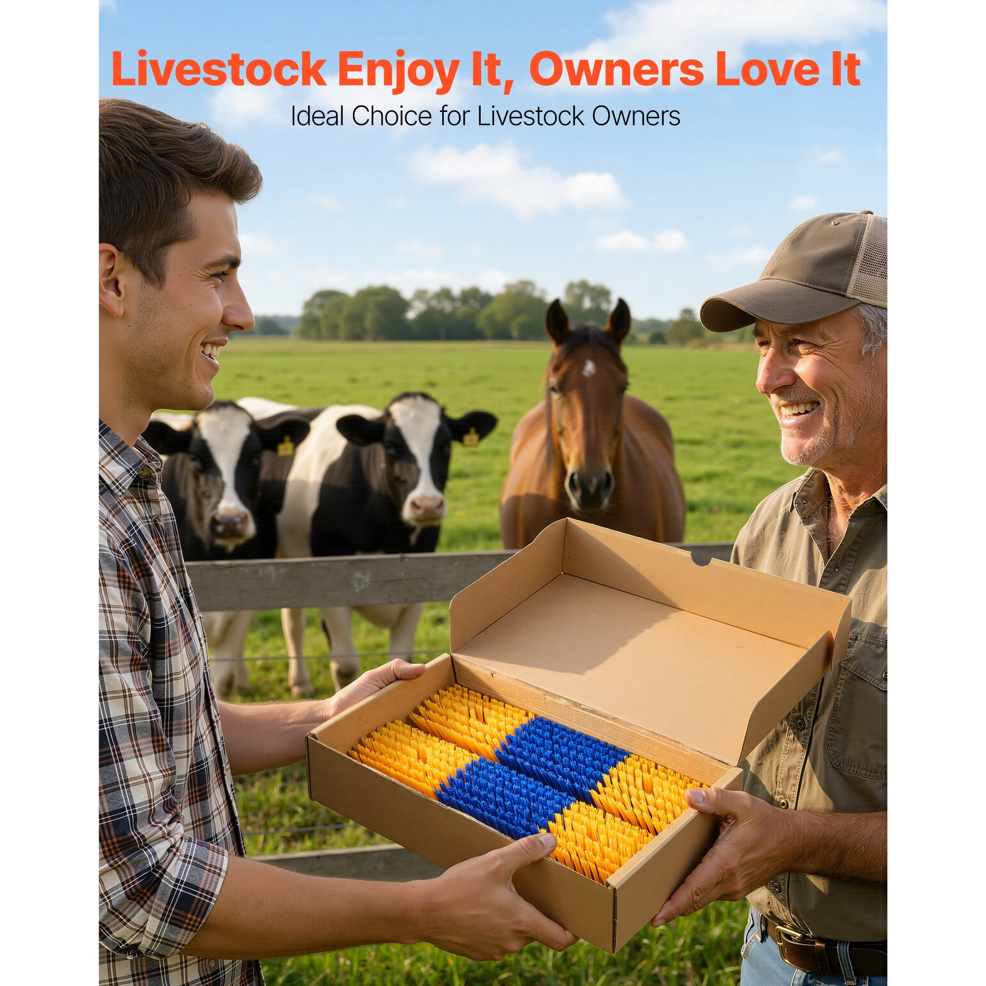 KFFKFF Livestock Scratching Brush, 4PCS Animal Scratcher Brush with 16 Screws, 16.9"x3.9" Grooming and Itch Relief Tool for Cattle, Horses, Goats, Sheep, and Pigs, Yellow & Blue