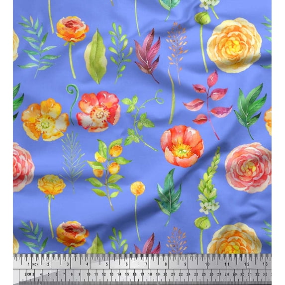 Soimoi Silk Fabric Leaves & Begonia Floral Decor Fabric Printed Yard 42 Inch Wide