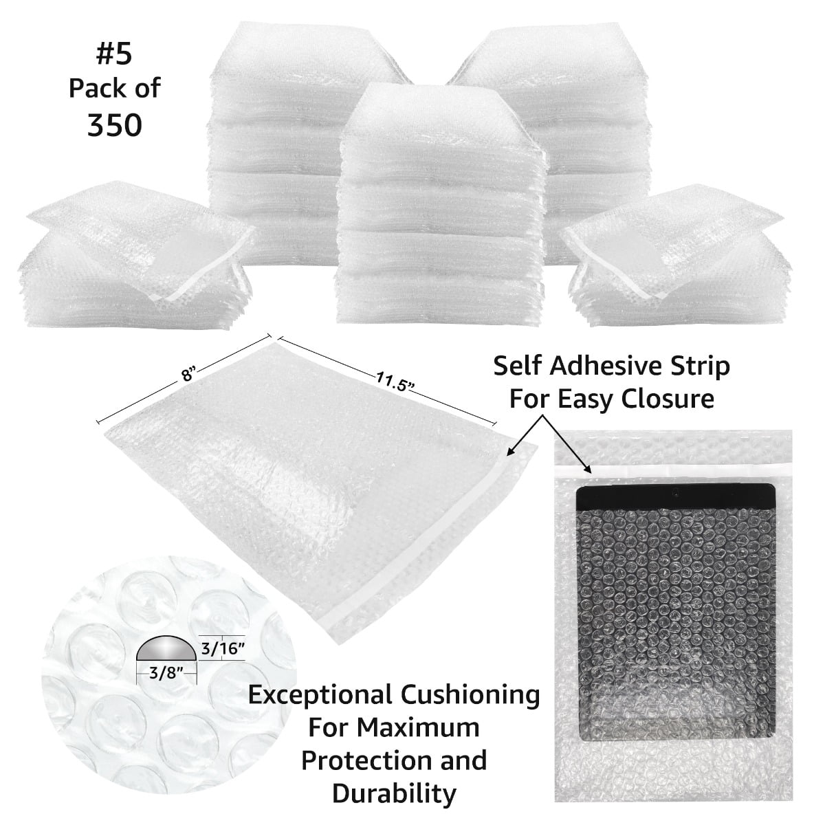 UOFFICE 3/16" Bubble Wrap Bags, 8" x 11.5",  350 Count, Clear