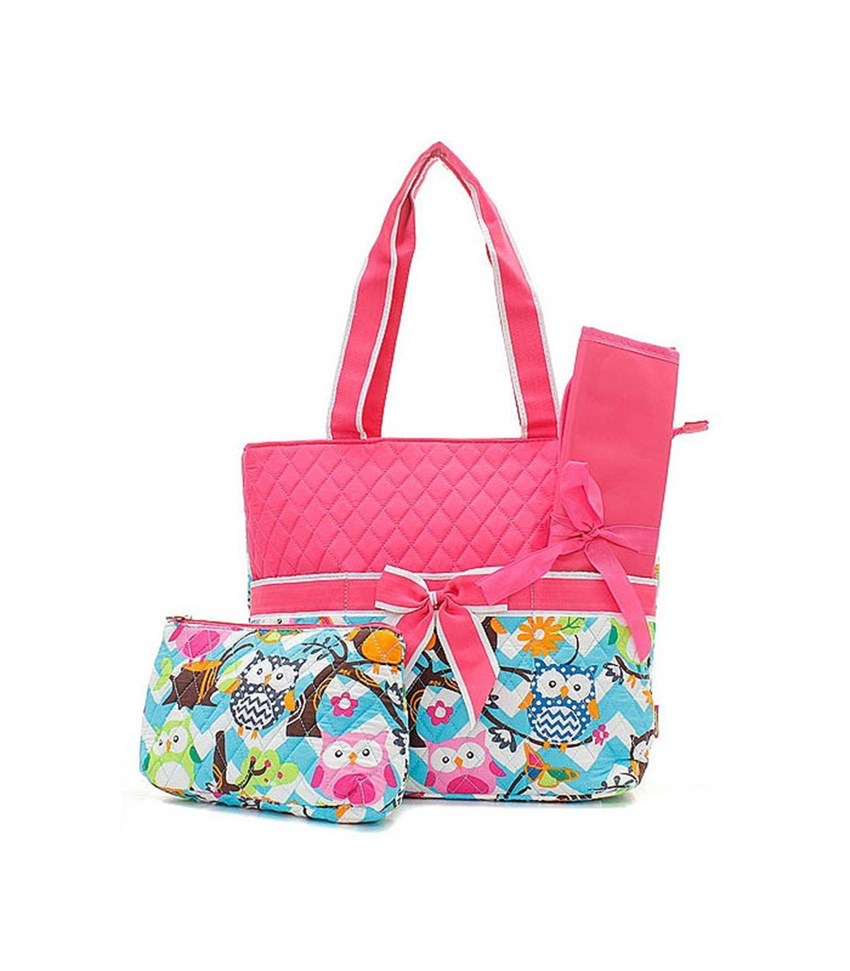 Quilted Diaper Bag 3Piece Set, Owl Aqua/Hot Pink By Quilted