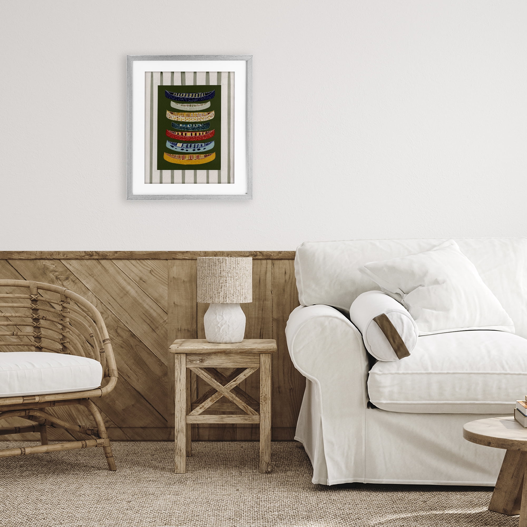 Stupell Industries Patterned Canoes over Stripes Gray Framed Print Under Glass, design by Yen