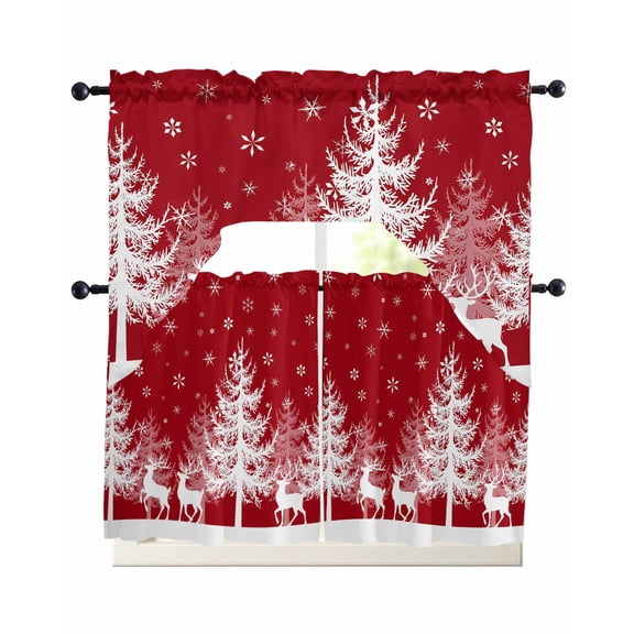 Christmas Red Swag Kitchen Curtains Sets for Windows 24 Inch Length, White Xmas Tree Elk Winter Snowflake Short Window Curtain Panels Swags Valances and Tiers 3 Piece Set for Cafe/Dining Room