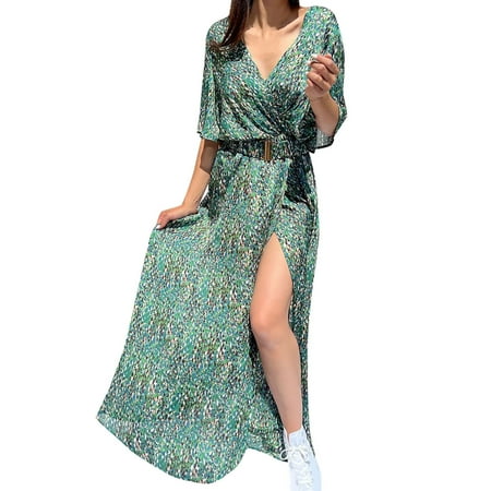 

Women s Casual Short Sleeve Long Dress Bohemian Floral Printing Deep V Neck Belt Split Hem Maxi Dress Ruffle A-Line High Waist Beach Party Swing Dress