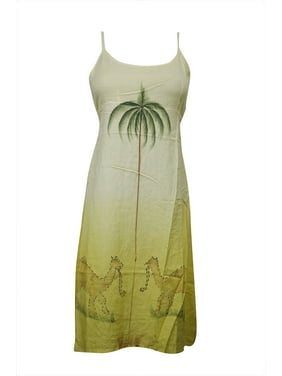 Mogul Women Tank Dress Beautiful Yellow Printed Flare Beach Sundress L