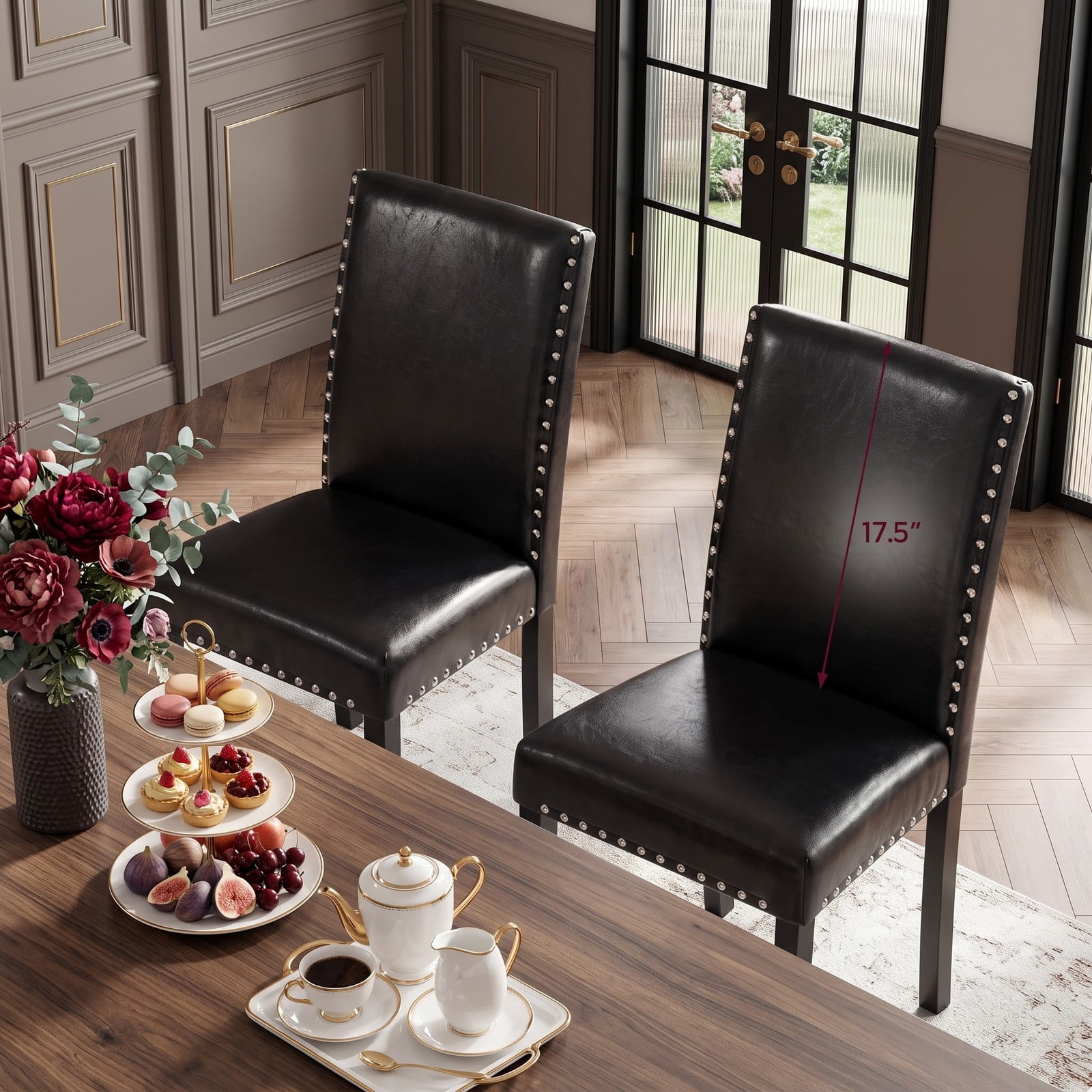 Furnibear Set of 4 Dining Chairs, Upholstered Faux Leather Kitchen Chairs with Solid Rubber Wood Legs, Nailhead Trim Armless Side Chairs for Dining Room, 400, Black