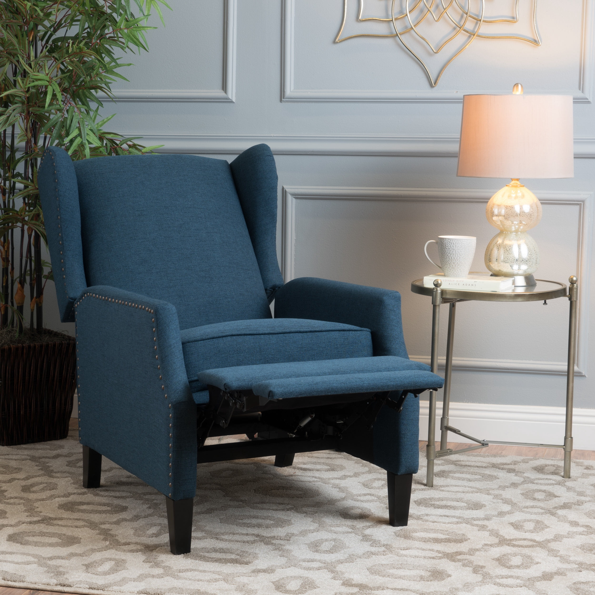 Euroco Traditional Wingback Recliner Chair with Studded Trim,100% Polyester Upholstery