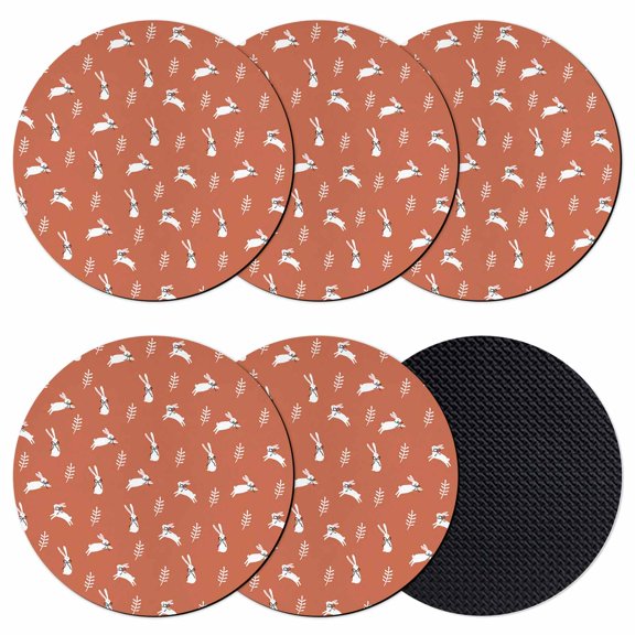 Burnt Orange Spring Easter Coasters Set of 6, Absorbent Coasters for Drinks, Cute Bunny Botanical Coaster for Desk Coffee Table Protection, Home Decor House Warming Gifts 4"