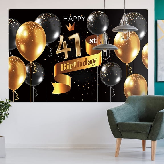 Happy 41st Birthday Backdrop Banner - 41 Birthday Party Decorations Supplies for Men - Black Gold