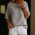 thumbnail image 2 of Womens Shirts Boat Neck Half Sleeve Linen Blouse Casual Loose Fit Solid Color Cotton Linen Summer Lightweight Tops Gray M, 2 of 7