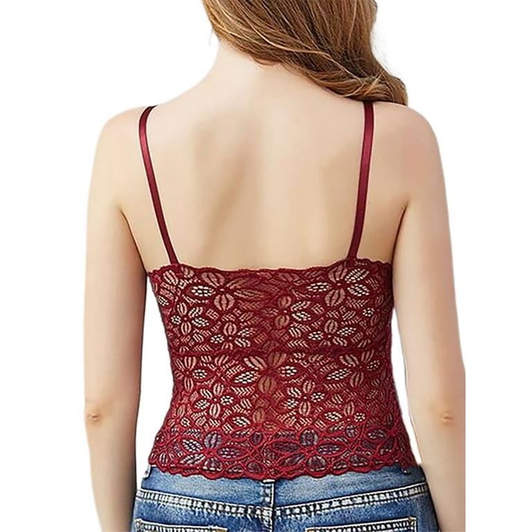 wybzd Women Lace Bra Camisole Bralette Floral Hollow-Out Spaghetti Strap  Padded Vest Adjustable Crop Top Wine Red S