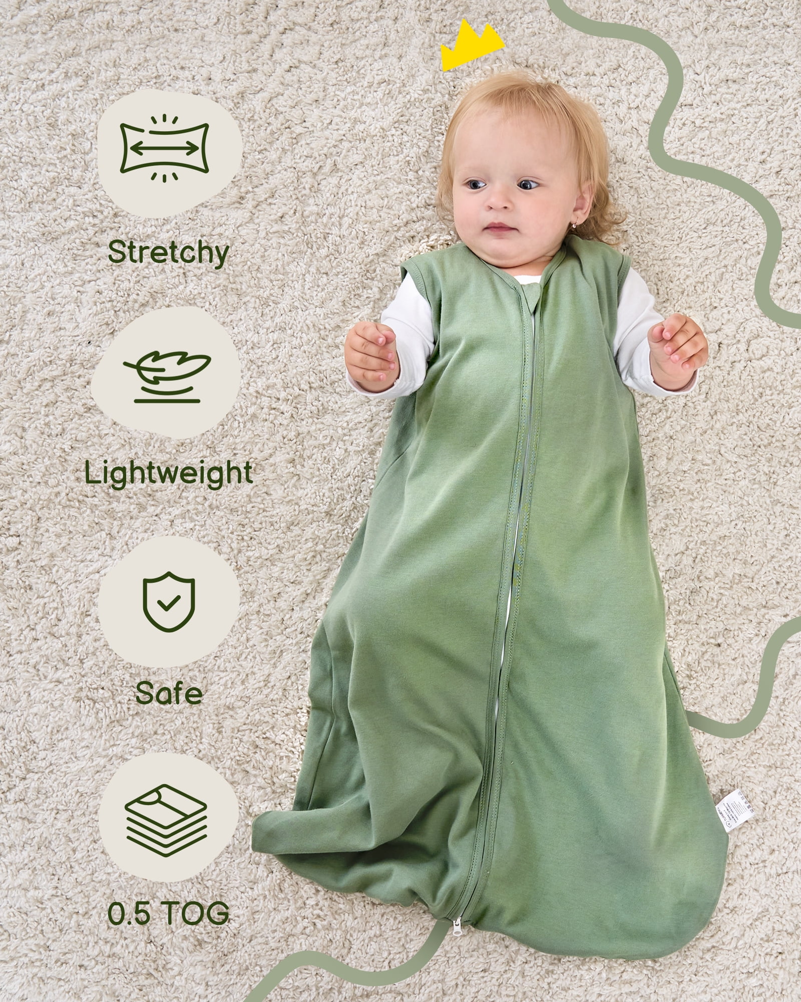 Baby Sleep Sack 6-12 Months, 100% Organic Cotton Wearable Blanket for Babies, 2-Way Zipper TOG 0.5 Lightweight Breathable Baby Sleeping Bag, 4 Sizes-M Leaf＆Green