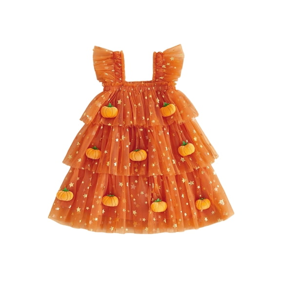 BemeyourBBs Toddler Baby Girl Halloween Dress Outfit Flying Sleeve 3D Pumpkin Ghost Decor Shinny Star Tutu Tulle Dress Little Girls Summer Fall Cake Smash Party Dress