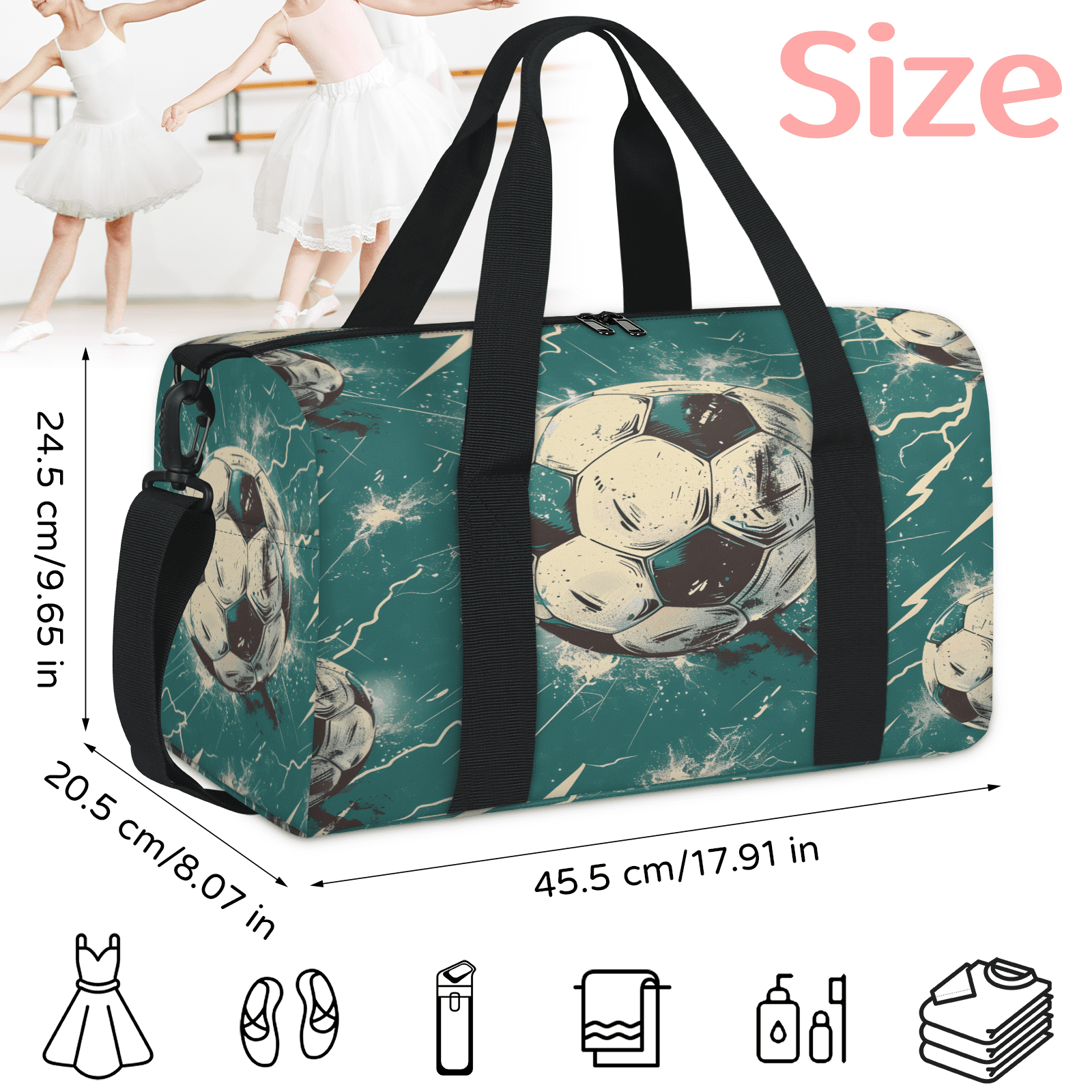 Herdesigns Sports Soccer Gym Bag for Women, Duffle Bag for Travel Sport, Lightning Lightweight Waterproof Carry on Weekender Dance Yoga Workout Bags