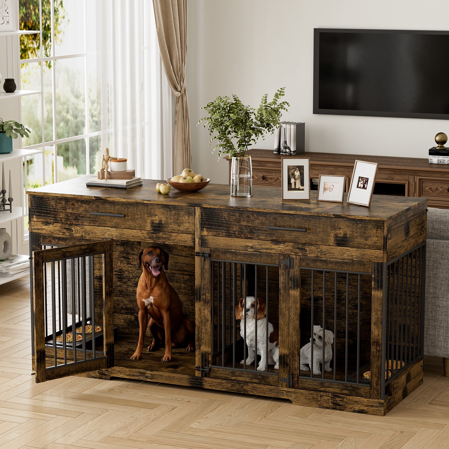 WIILAYOK 72.05" Dog Crate Furniture, Wooden Dog Kennel with 2 Drawers and 4 Dog Bowls, Heavy Duty Indoor Furniture Style Dog Cage House(Rustic Brown)