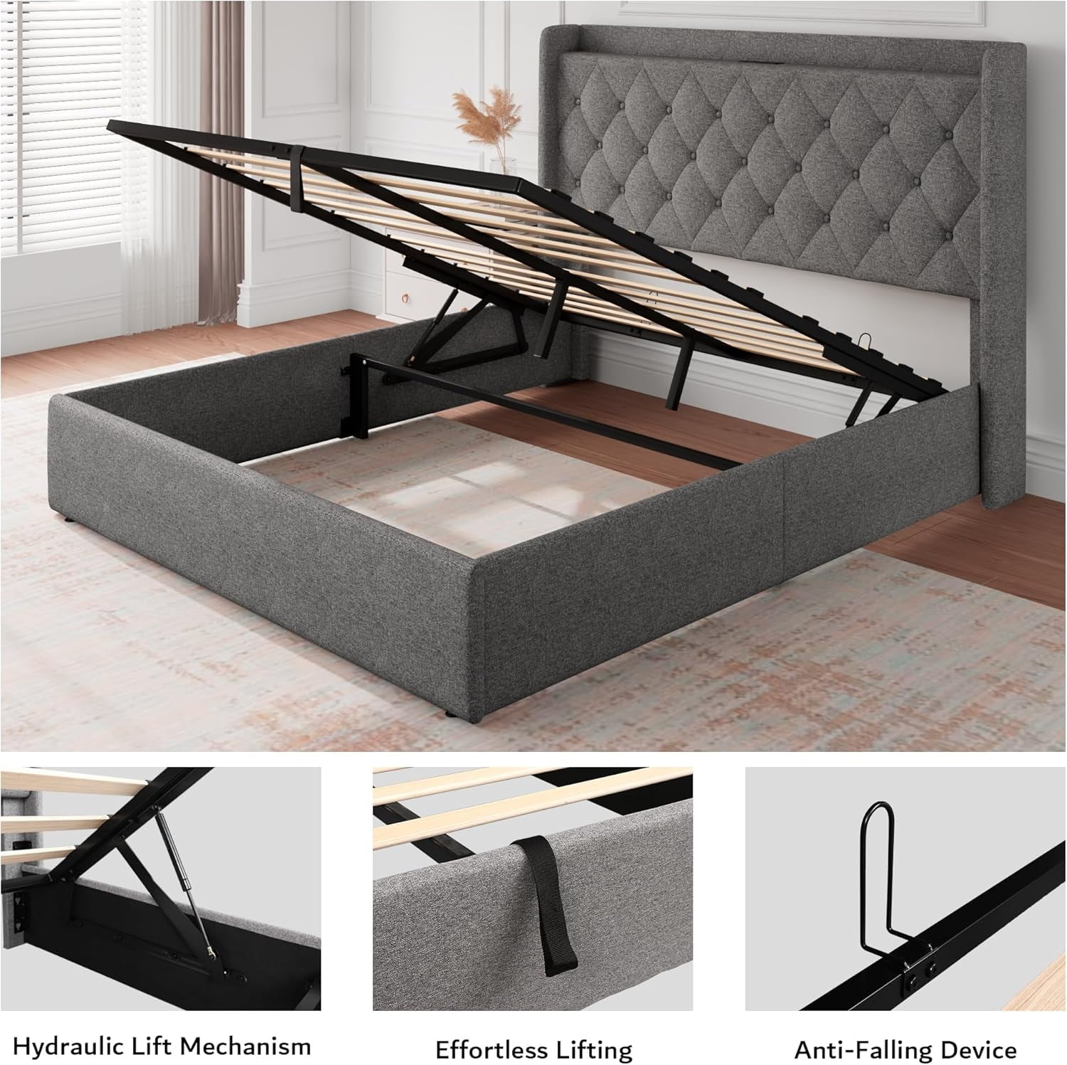 iPormis Full Size Bed Frame with Lift Up Storage & Charging Station, Button Tufted Wingback Upholstered Headboard, Wooden Slats Support, Light Gray