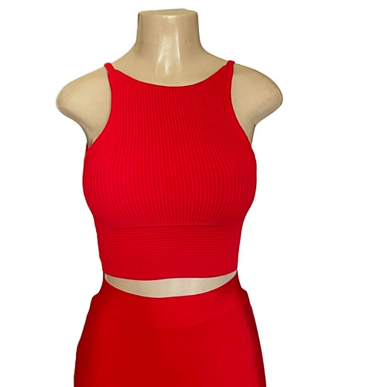 Women's Two-Piece Crop Top Sheath Sleeveless Party Red Bandage Mini Dress  Set M