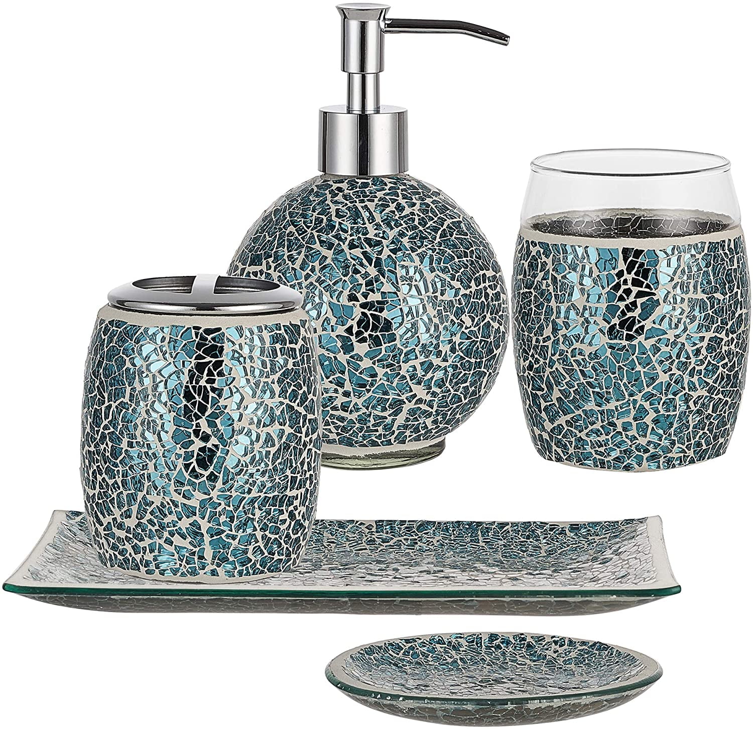 Sanbege Mosaic Glass Bathroom Accessories Set, Modern Luxury Bath Ensemble,  Includes Soap Dispenser & Cotton Swab Jar & Toothbrush Holder & Vanity