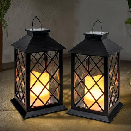 [2 Pack] Supbessel 11" Solar Lantern Outdoor Garden Hanging Lantern Waterproof LED Flickering Flameless Candle Mission Lights for Table,Outdoor，Mothers Day Gifts Mom Wife(Black)