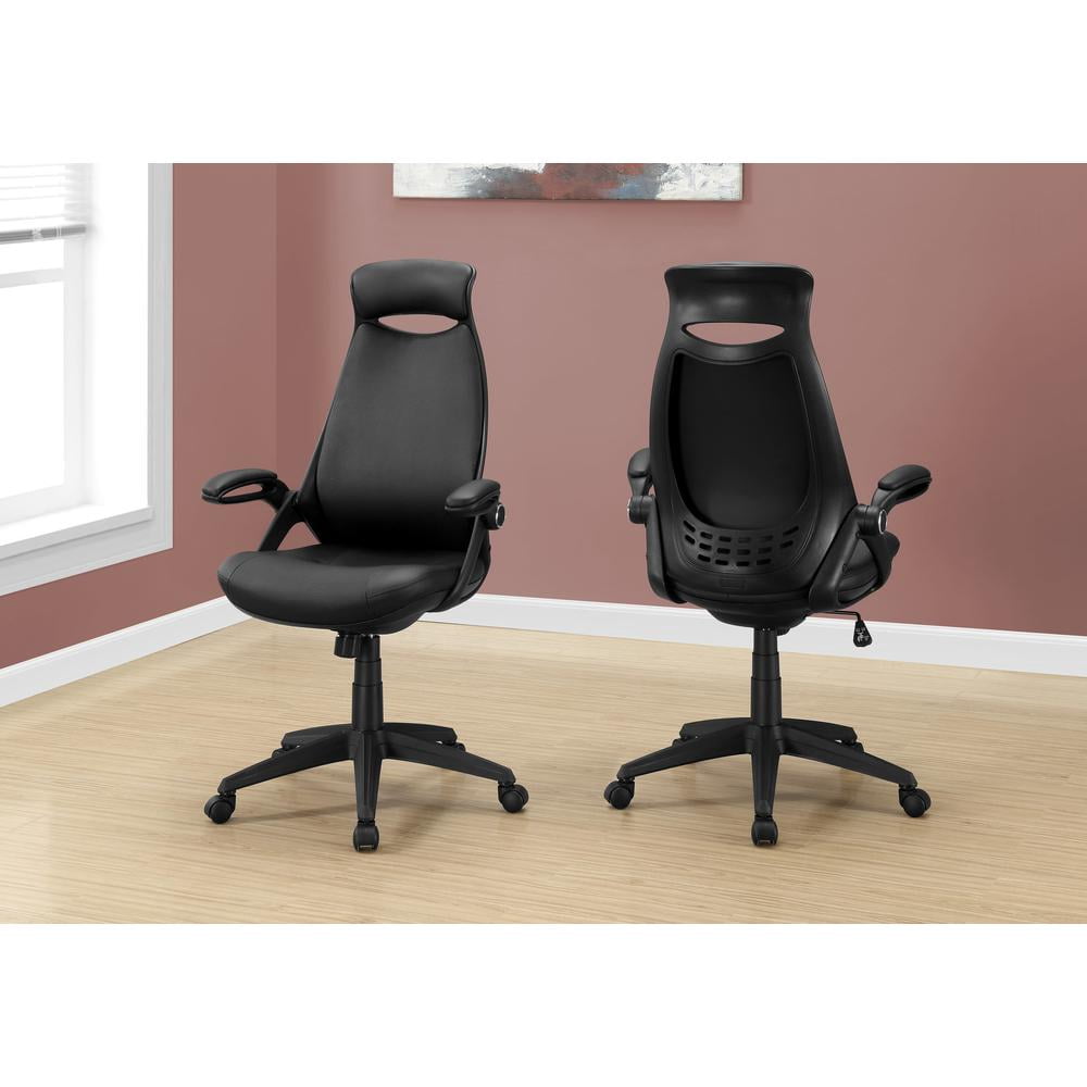 Office Chair - Executive / Padded Headrest And Flip-Up Armrests - Adjustable Height - Black Leather-Look / Black