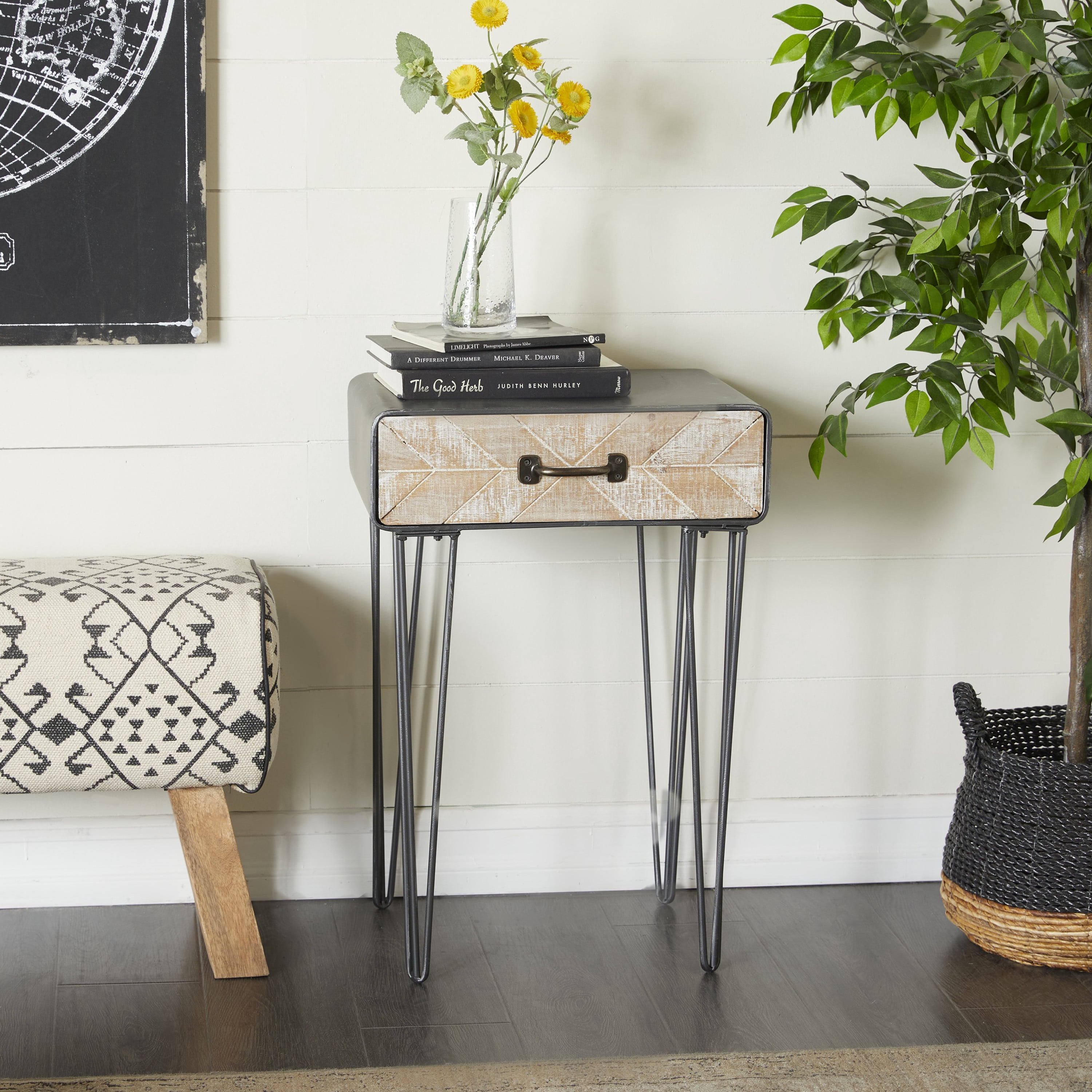 DecMode 17" x 26" Black Metal Single Drawer Accent Table, 1-Piece