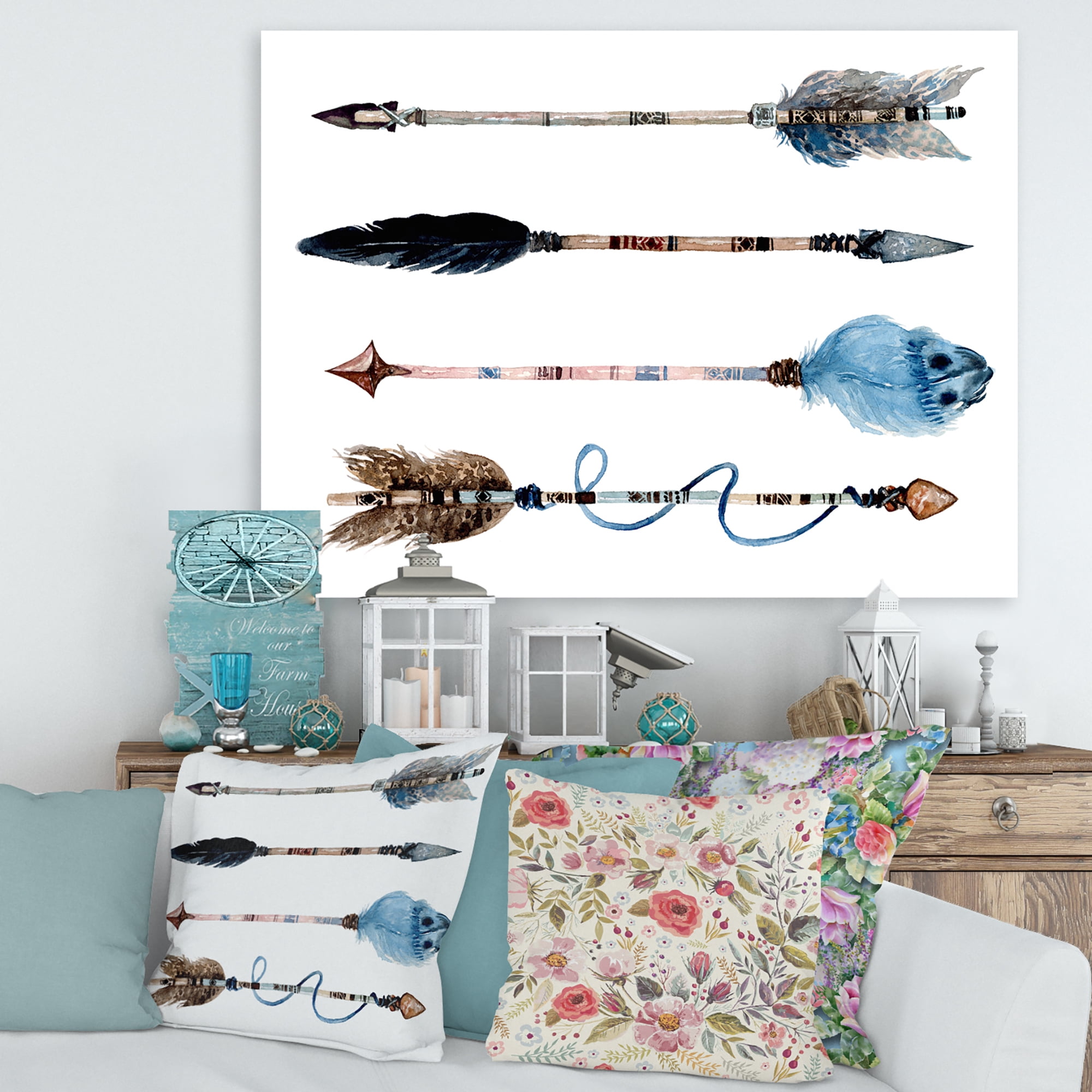 Flowers and Ethnic Feathers On Native Arrows IV 40 in x 30 in Painting Canvas Art Print, by Designart