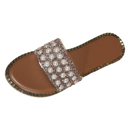 

Jungdeepe Women Sandals Fashion New Pattern Pearl Decoration Flat Bottom Comfortable Lightweight Non Open Toe Breathable Beach Slippers