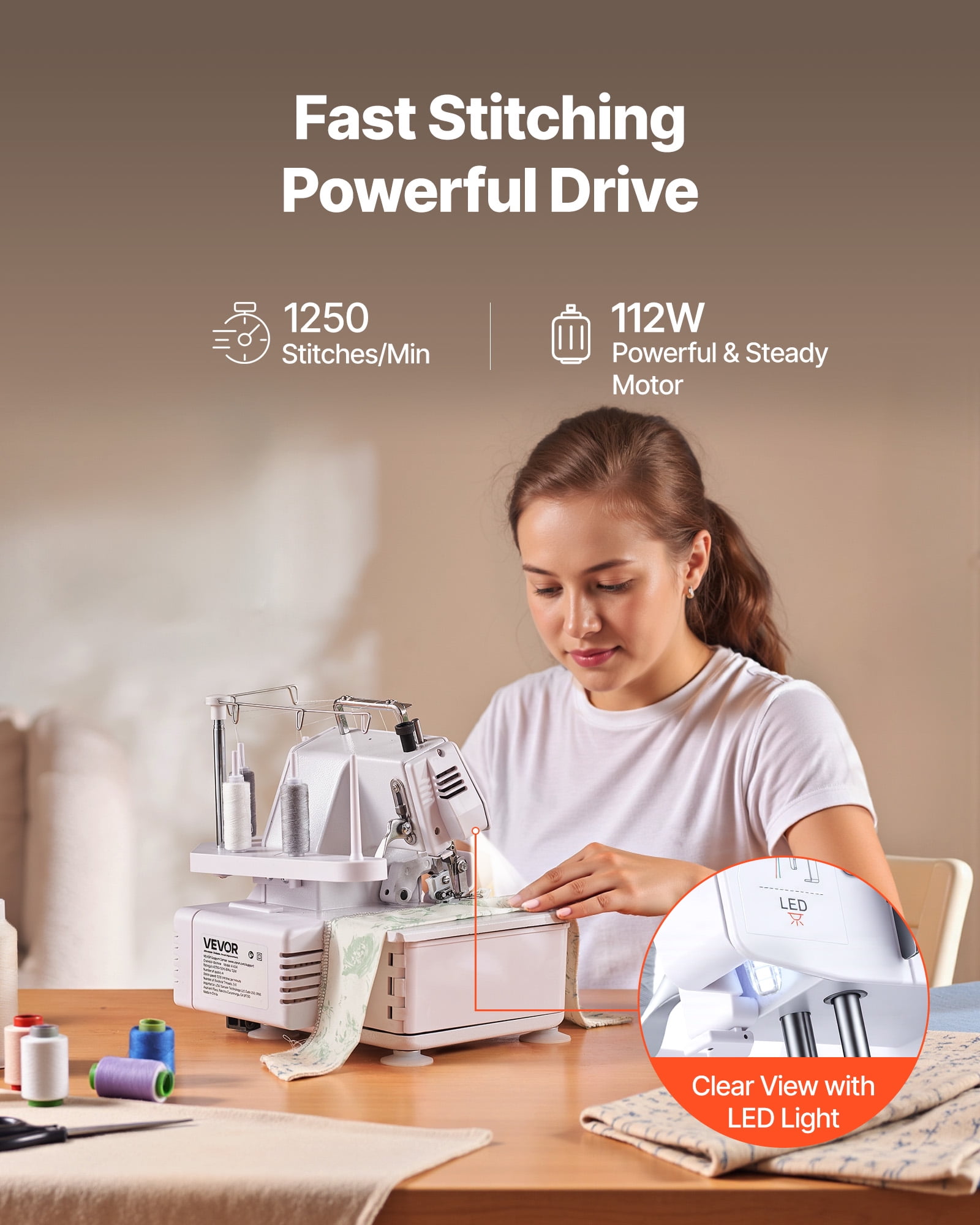 VEVOR Serger Overlock Sewing Machine, 1250 Stitches Per Minute, 3 and 4 Thread Capability, with LED Light and Strong Suction Feet, Heavy-Duty Metal Frame Sewing Machine for Various Fabrics, White