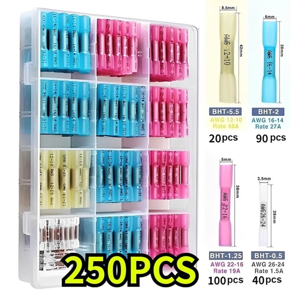 250pcs Heat Shrink Solder Seal Wire Connectors Kit, Waterproof Butt Connector Heat Shrink Electrical Terminals,for Marine Automotive Boat Truck