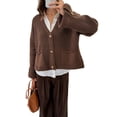thumbnail image 4 of Women Chunky Knit Open Front Sweater Long Sleeve Button Loose Short Cardigan Outerwear Coats Brown L, 4 of 9