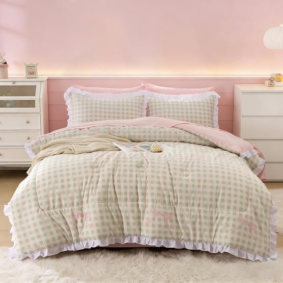 Green Comforter Set for Girls , 5 count Bow Ruffle Bedding Set, Bed in a Bag with Comforter, Sheets and Pillowcases