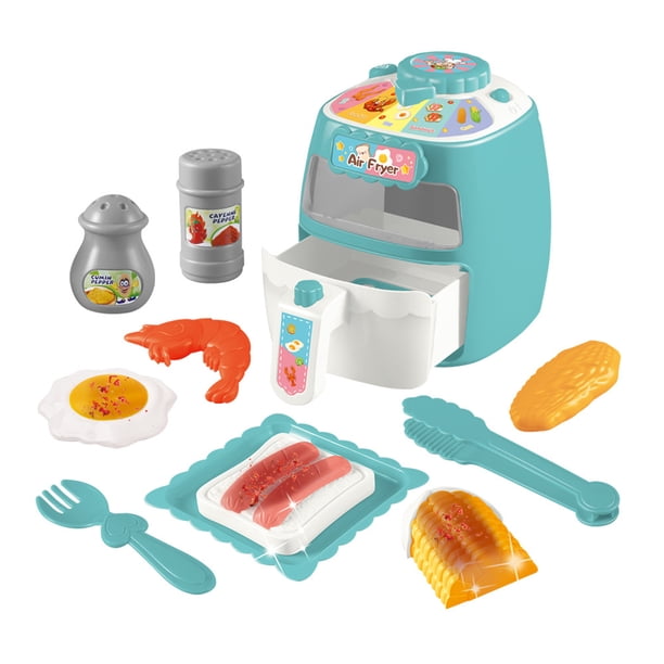 deAO - Freidora de aire de juguete, 19 piezas de juguete de cocina con sonidos y luces, juego de rol, cambio de color, juegos de comida, juegos de