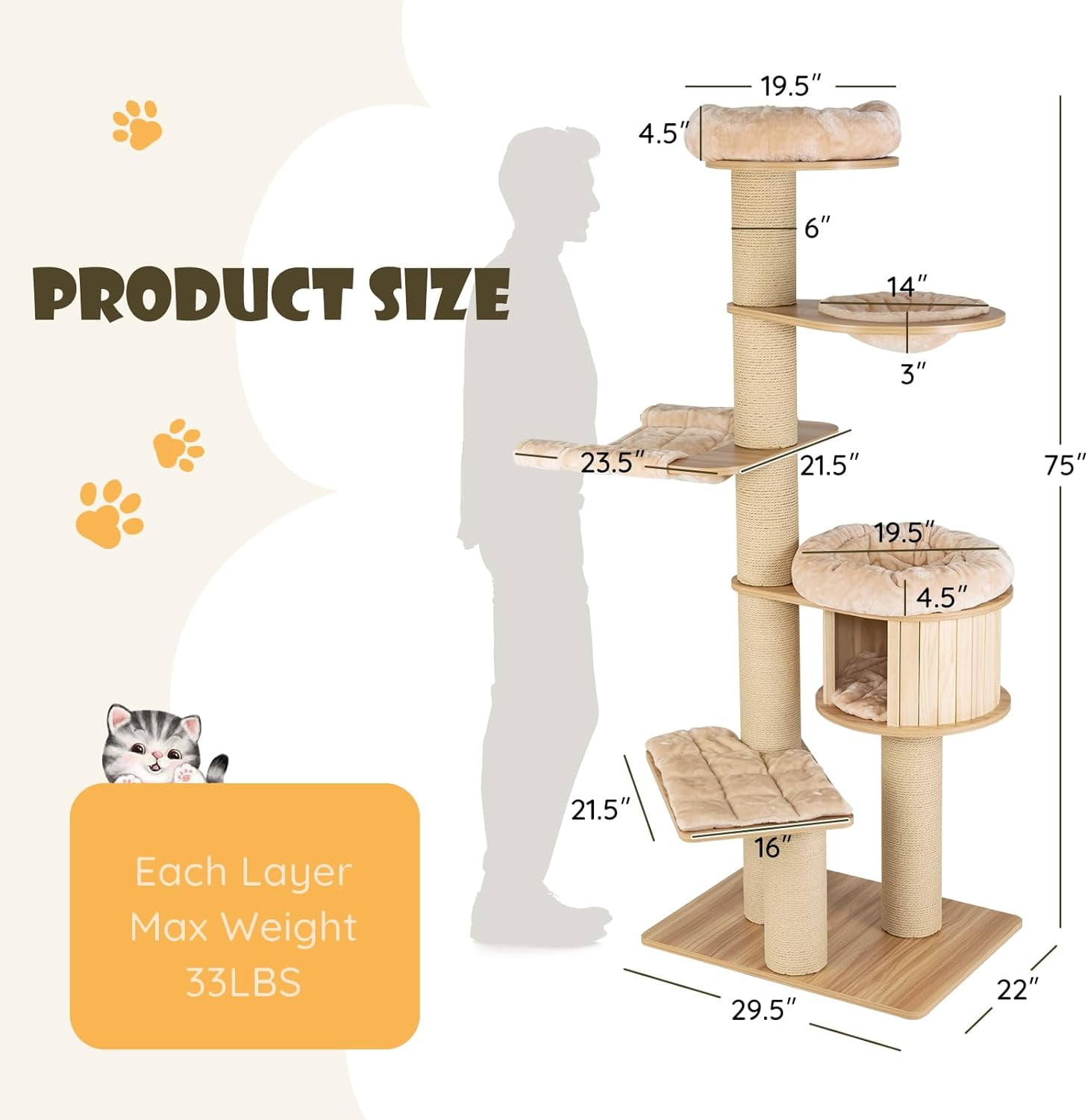 75 Inches Tall Cat Tree for Indoor Cats, Large Cat Tree Tower with Scratching Posts, Cat Condo, Hammock and Basket, Multi-Level Modern Cat Tree for Large Cats 20 lbs Heavy Duty