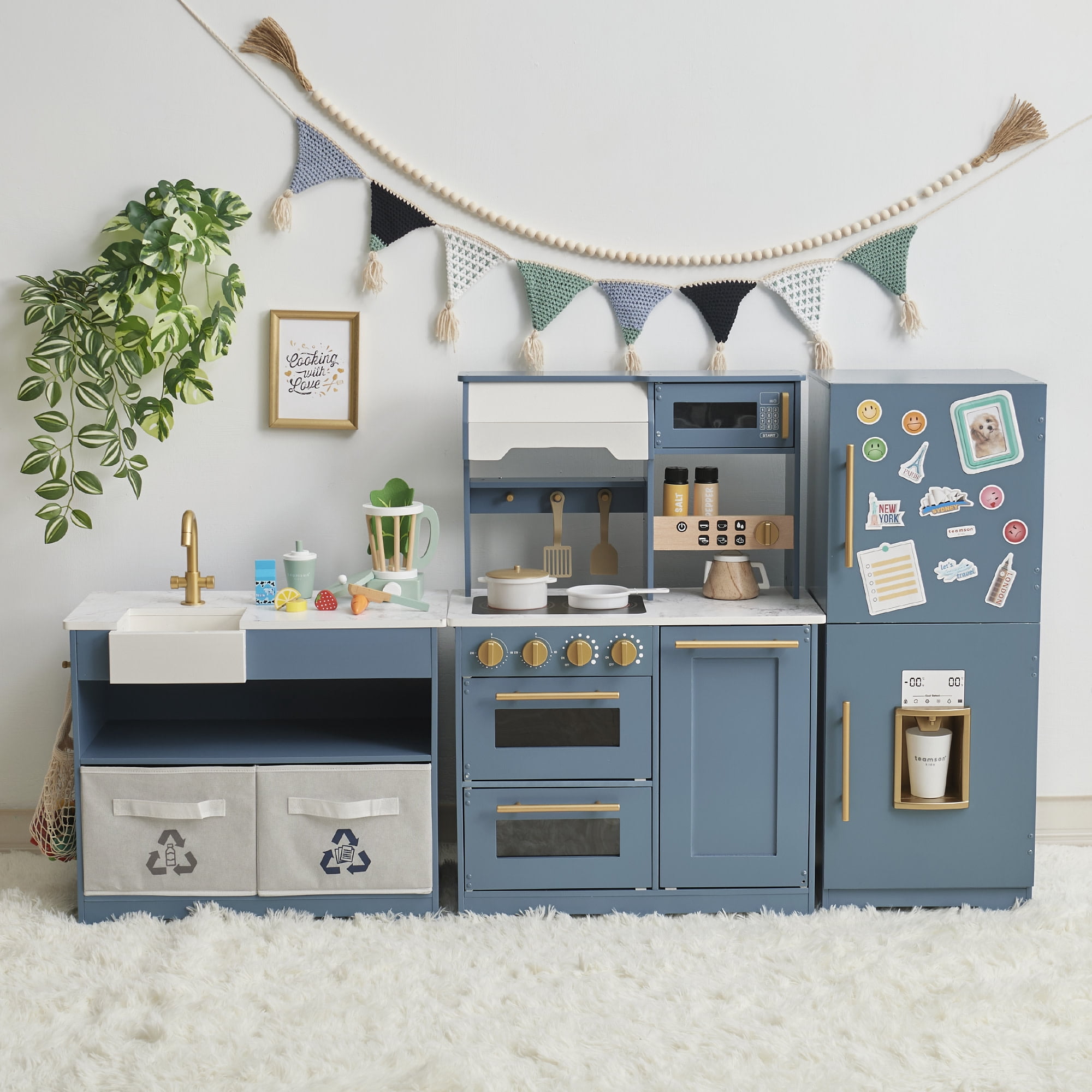 Teamson Kids Little Chef Atlanta Modular Wooden Play Kitchen with Ice Maker, Magnetic Fridge & 17 Accessories