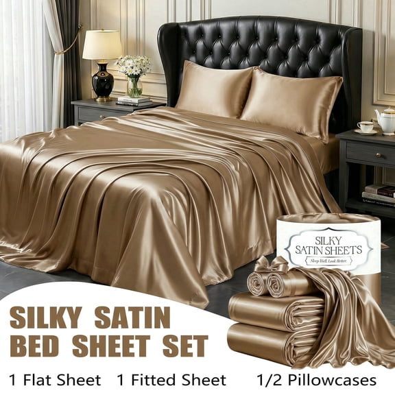 Silky Satin Bed Sheet Set, 4 Pieces Cooling Satin Sheets with Deep Pocket, Ultra Soft & Wrinkle Resistant-Beige