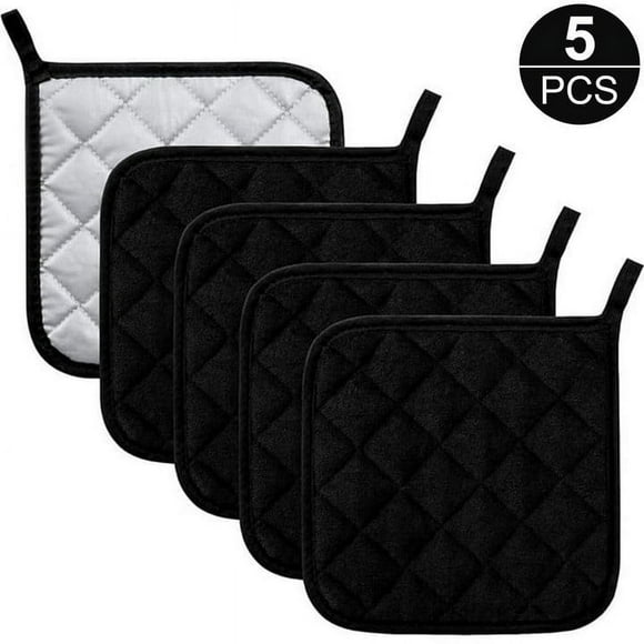 YOPTOP Set of 5 Dark Blue Cotton Kitchen Everyday Basic Terry Pot Holder Heat Resistant Coaster Potholder for Cooking and Baking,5packblack