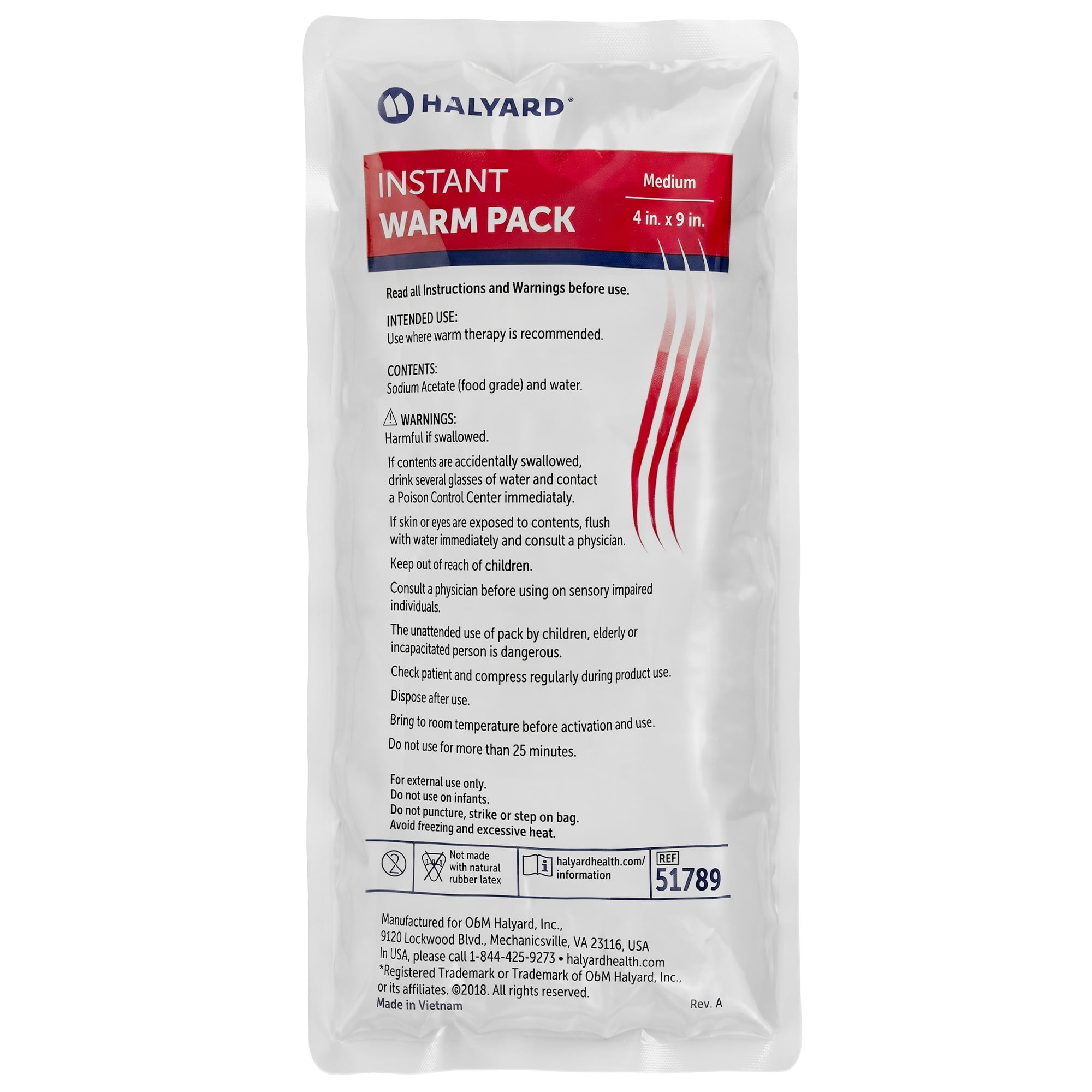 HALYARD Hot Compress Disposable Instant Warm Packs Heat Therapy Pain Relief 4 x 9 Inches, 24 Packs Per Case - 51789