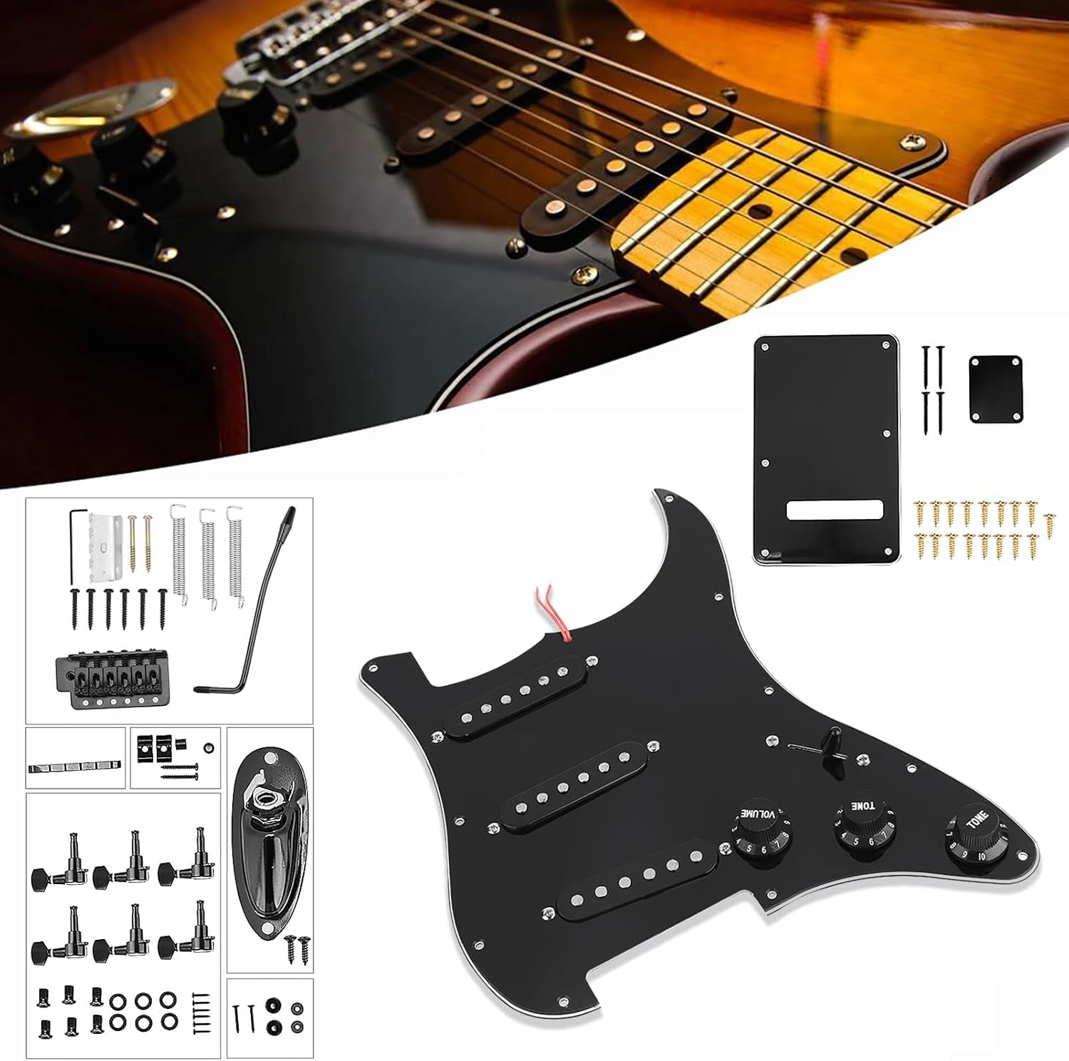 ST Electric Guitar Accessory Set, DIY Guitar Pickup Pickguard Back Cover, Bridge System Installation Kit, Pre-wired Pickguard, SSS Pickups, Bridge, and Other Accessories