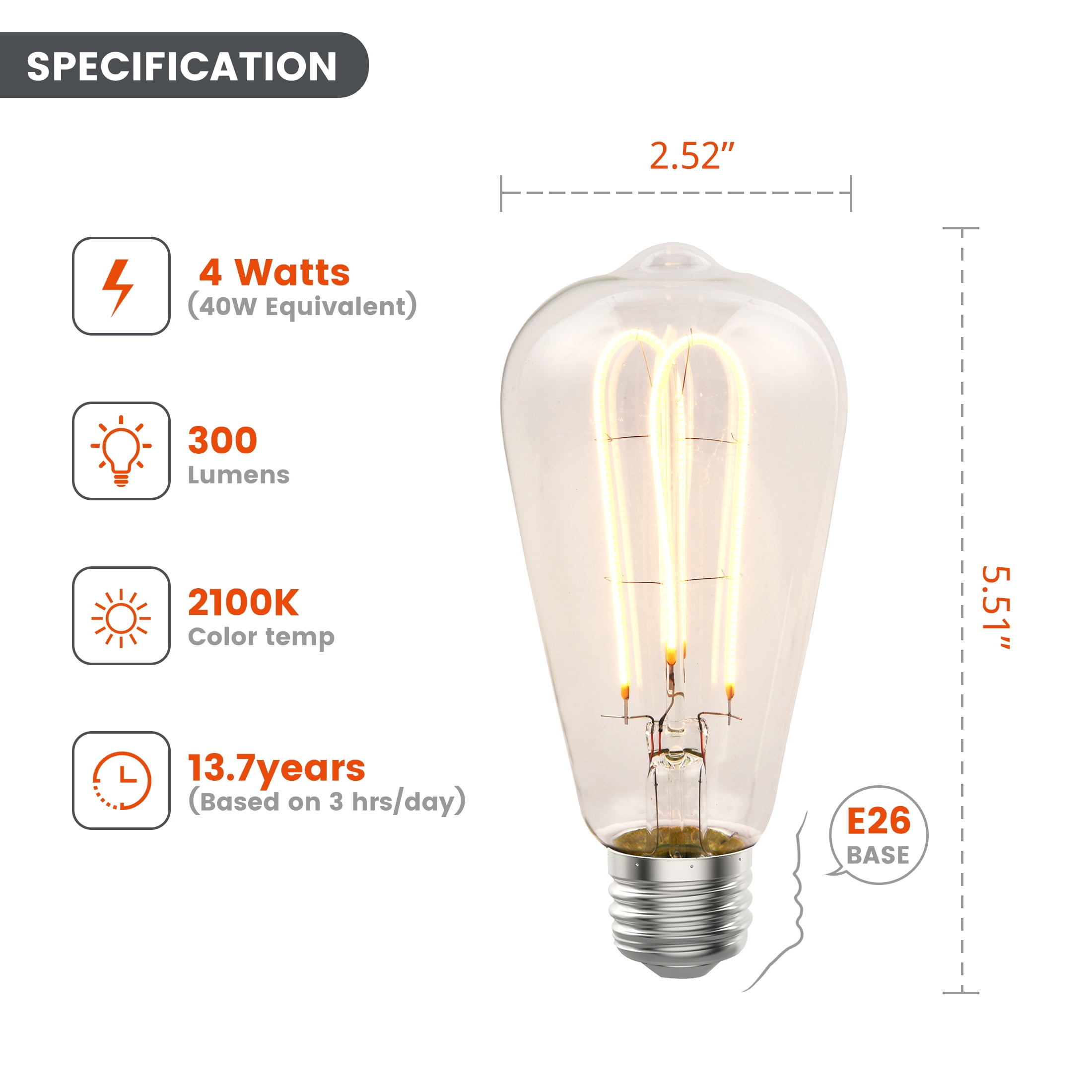 Better Homes & Gardens 4W Vintage Warm LED Light Bulb,40W Eqv Clear Glass, ST19 Amber Glow, E26 4PK