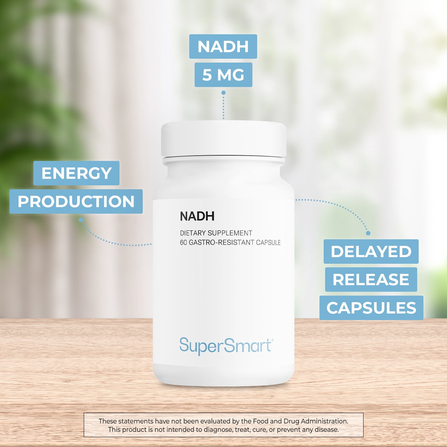 SuperSmart NADH – 5mg Per Day (Reduced Nicotinamide Adenine Dinucleotide) - NADH Supplement | Non-GMO & Gluten-Free - 60 Delayed Release Capsules