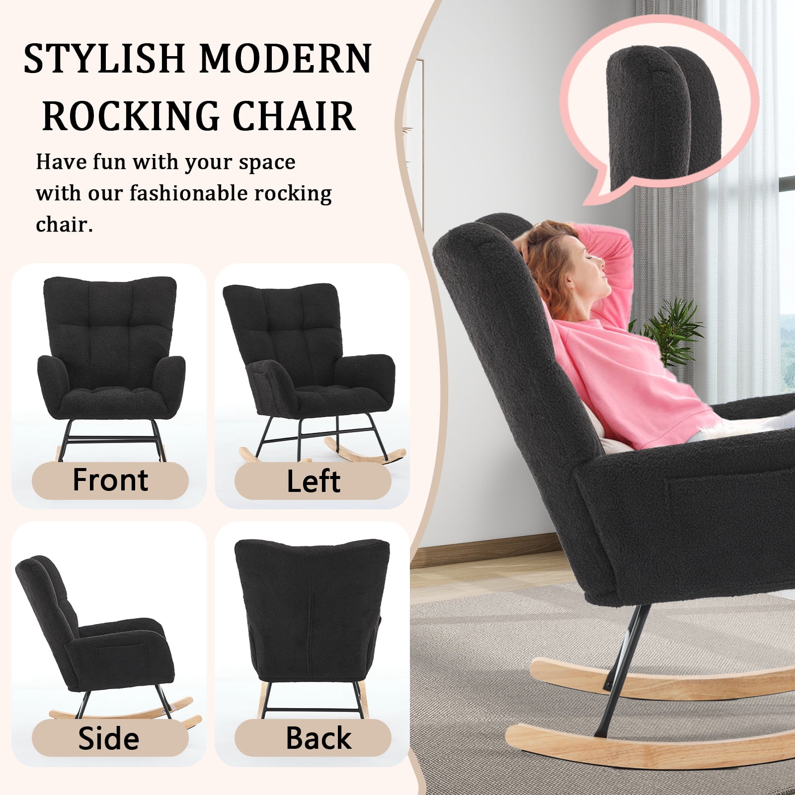 SENCHO GINSYTALIOR Nursery Rocking Chair Teddy Upholstered Glider Rocker,Rocking Accent Chair Padded Seat with High Backrest ,Solid Wood Legs for Nursery Bedroom Living Room(Black）