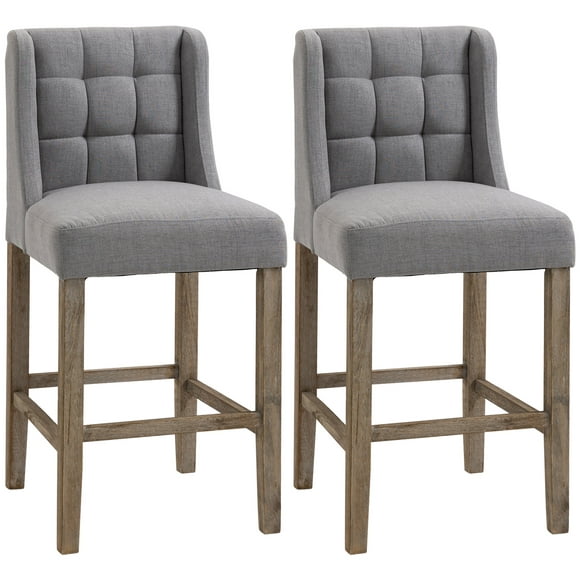 HOMCOM Counter Height Bar Stools Set of 2, Upholstered Bar Chairs with Square Tufted Backrest and Footrest, Modern Barstools for Kitchen, Dining Room, Grey